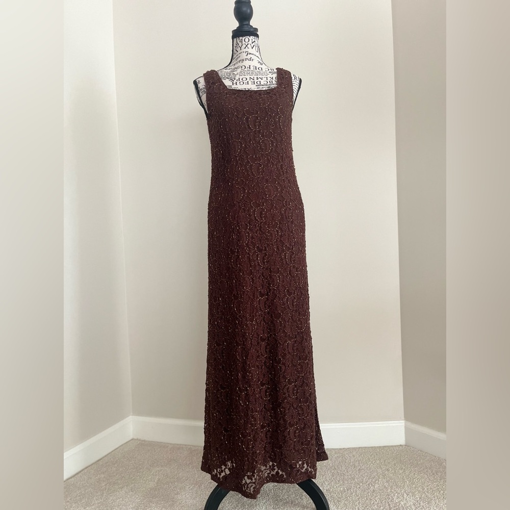 Brown Beaded Full Length Gown — Small